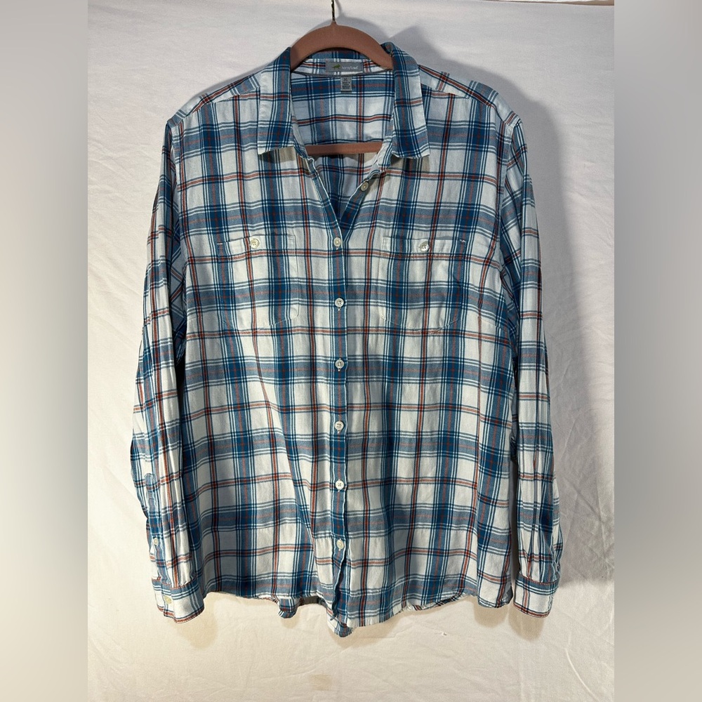 Horny Toad & Co Flannel Button Down Tunic Shirt Blue White Plaid Size XL